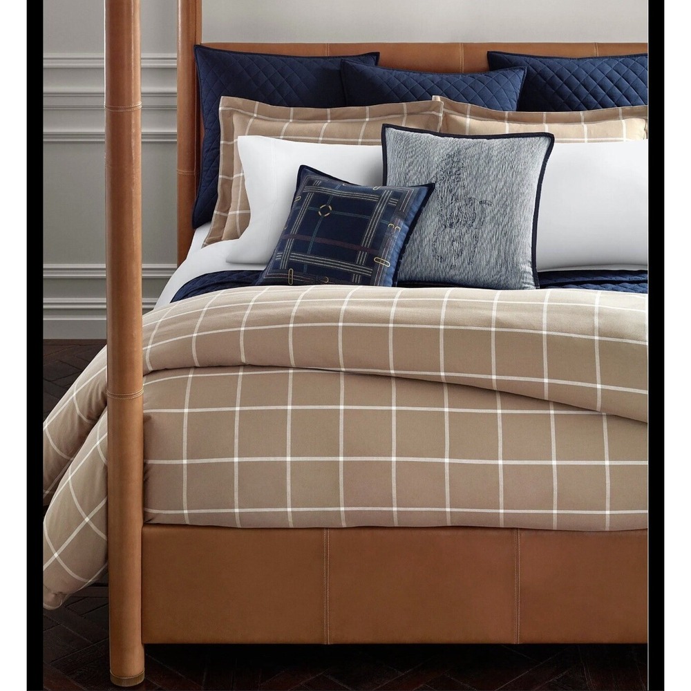 Ralph Lauren Duvet Cover Full/Queen Windowpane Camel Cream Modern Equestrian NEW